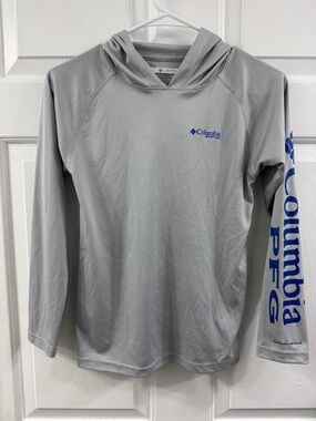 Columbia Gray Long Sleeve Hooded Tee with Blue Logo